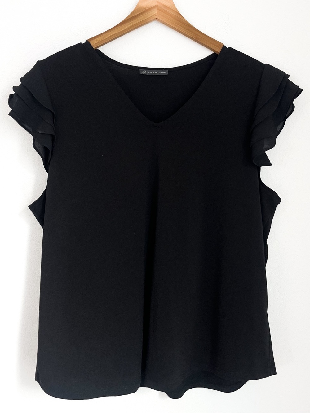 Adrianna Papell Black V Neck Flutter Ruffle Sleeve Blouse XL